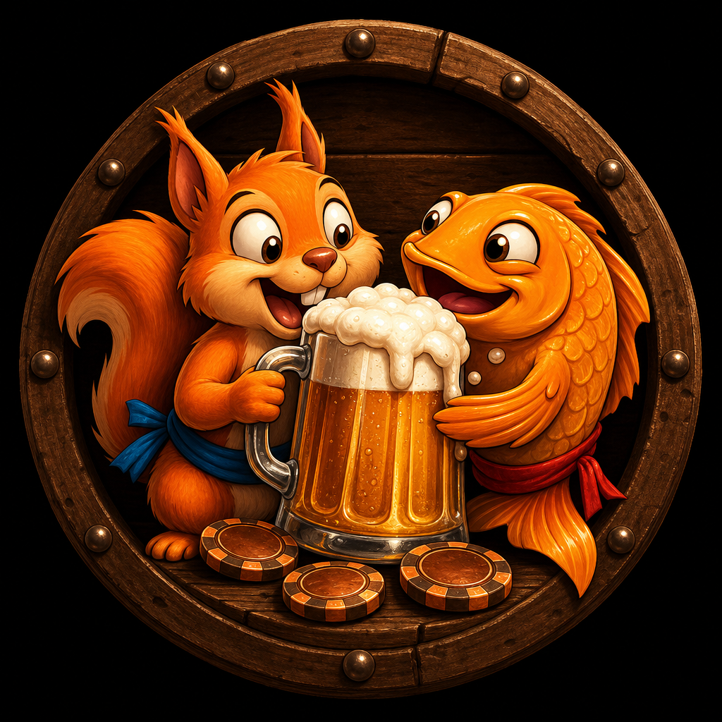 Талисманы Pivo Casino рыбка и белка с пивной кружкой